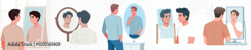 vector of a young man looking in the mirror