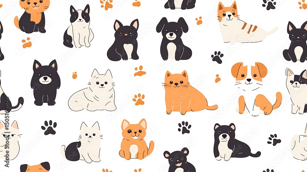 High-res seamless vector pattern featuring every dog and cat breed in whimsical, funny poses, outlined in black with white border lines, filled with soft flat tones, positioned on a white background, High-res seamless vector pattern featuring every dog and cat breed in whimsical, funny poses, outlined in black with white border lines, filled with soft flat tones, positioned on a white background,