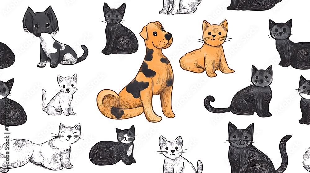 Obraz premium Playful hand-drawn seamless pattern of dogs and cats in energetic poses, sketched from side and top angles, black contour lines with shaded gray and brown tones, spaced cleanly on a white background,