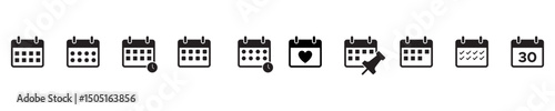 Calendar Icon set in solid style. 