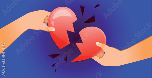 Vector illustration two hands tearing a heart in half. Concept of a couple breaking up. Divorce image.