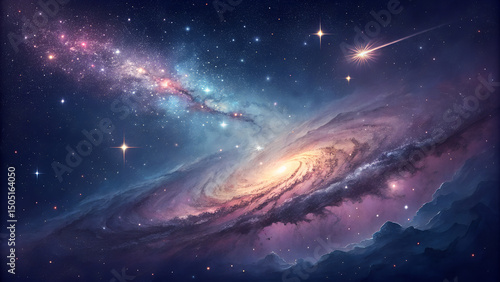Cosmic Symphony: A Swirling Galaxy Amidst Celestial Clouds