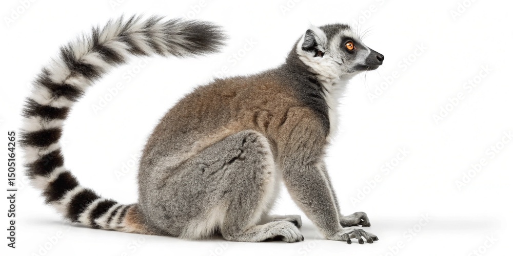 Fototapeta premium A cute ring-tailed lemur catta, a wild mammal from Madagascar, is sitting in nature, showing its distinctive black and white furred tail