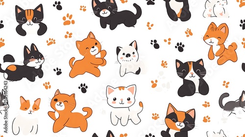 Seamless cartoon pattern showing a mix of dog and cat breeds in playful action—jumping, pawing, cuddling—outlined in black, bordered in white, colored with flat tones,