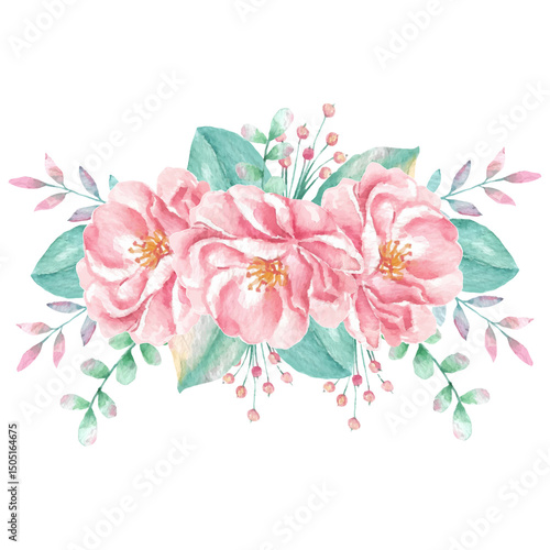 Delicate Watercolor Pink Roses Floral Bouquet Arrangement with Greenery for Wedding Invitation