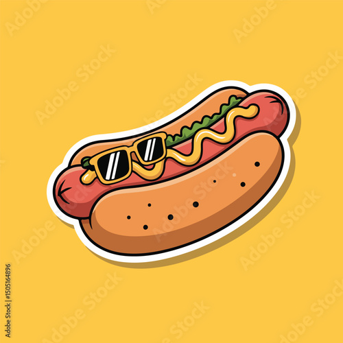 Cool hot dog with sunglasses and mustard illustration on a bright yellow background