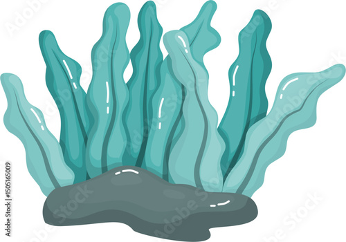 Teal seaweed with rock cartoon