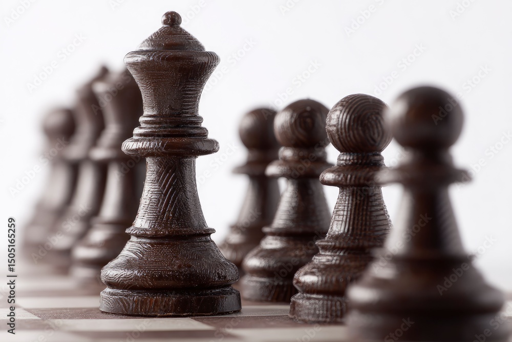 Fototapeta premium A chocolate chess piece on a chessboard, with other pieces in line behind it, against a white background. 