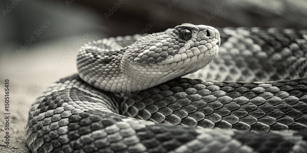 Obraz premium Close up of a dangerous coiled brown rattlesnake in the desert with scales and tongue visible, a venomous reptile in its natural wildlife habitat