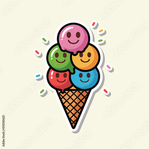 Delicious smiling ice cream cone with five scoops and decorative sprinkles