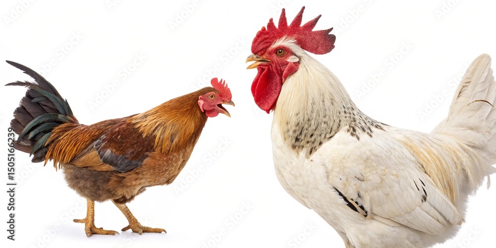 Fototapeta premium White isolated rooster and hen farm birds