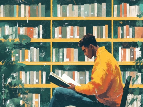 African American Man Reads Book in Front of Bookshelf in Library