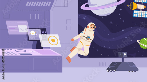 Astronaut in spacesuit flying in spaceship. Workplace on ship, space exploration, zero gravity cosmonaut. Universe and cosmos, vector illustration