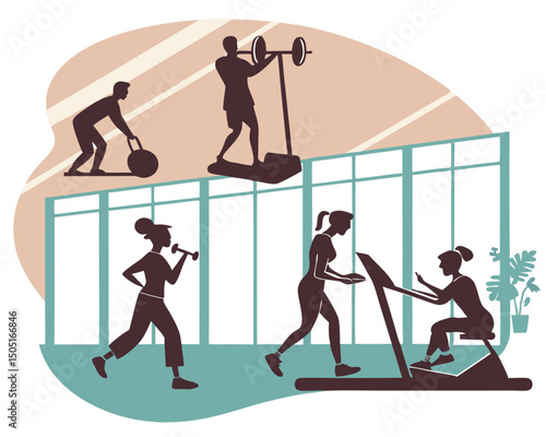 Gym fitness workout training exercise silhouette vector illustration for health and wellness lifestyle