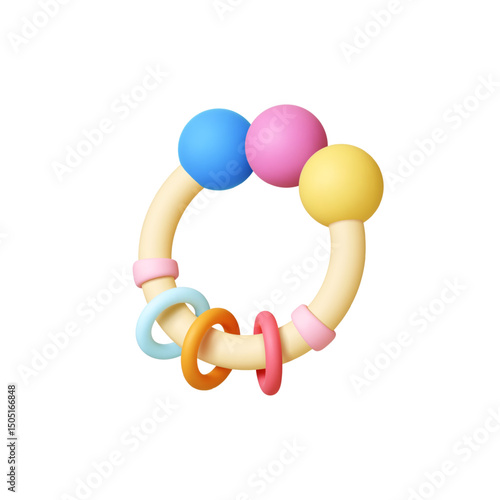 Baby 3d plastic toy. Noise toys for newborn, isolated realistic elements. Beanbag with balls and rings, baby development vector objects