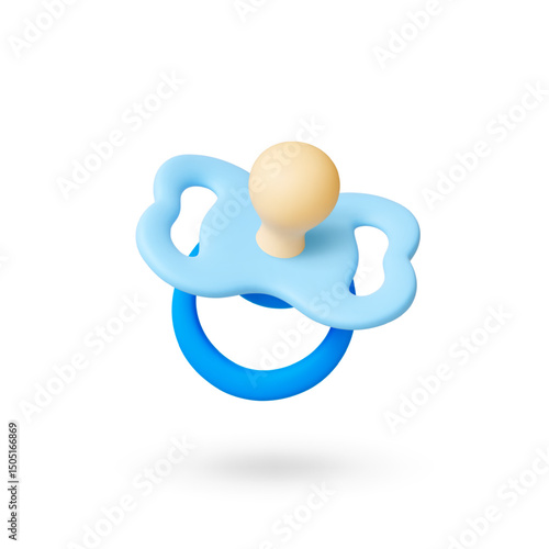 Baby boy pacifier 3d icon. Isolated realistic blue silicone nipple with plastic elements. Newborn accessory to calm, toddler soother rendering vector design