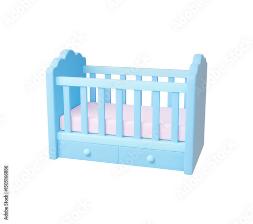 Baby cot 3d model. Newborn bed with mattress, sleep place for toddler. Isolated nursery furniture, plastic realistic design, vector icon