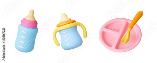 Dishes for feeding children 3d design. Newborn bottle, cup with nipple and handles, toddler plastic plate and spoon. Realistic rendering vector elements