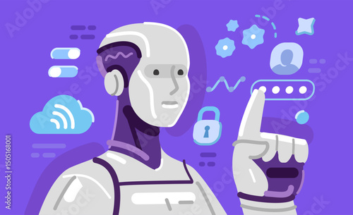 Cybersecurity system, data protection. Robot assistant with artificial intelligence enters password