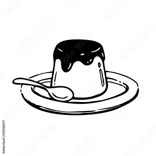 A delicious dessert pudding topped with a glossy layer, served on a plate with a spoon ready to enjoy.
