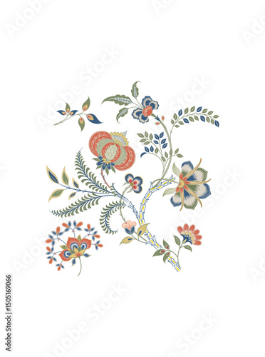 This stunning image showcases an intricate, abstract Indian floral design. Delicate, swirling patterns and vibrant, jewel-toned flowers dance across the canvas, set against a crisp, white background