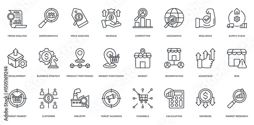 Market Research icon set. Containing trend analysis, demographics, price analysis, competitor, business strategy, customer, budget. Outline style