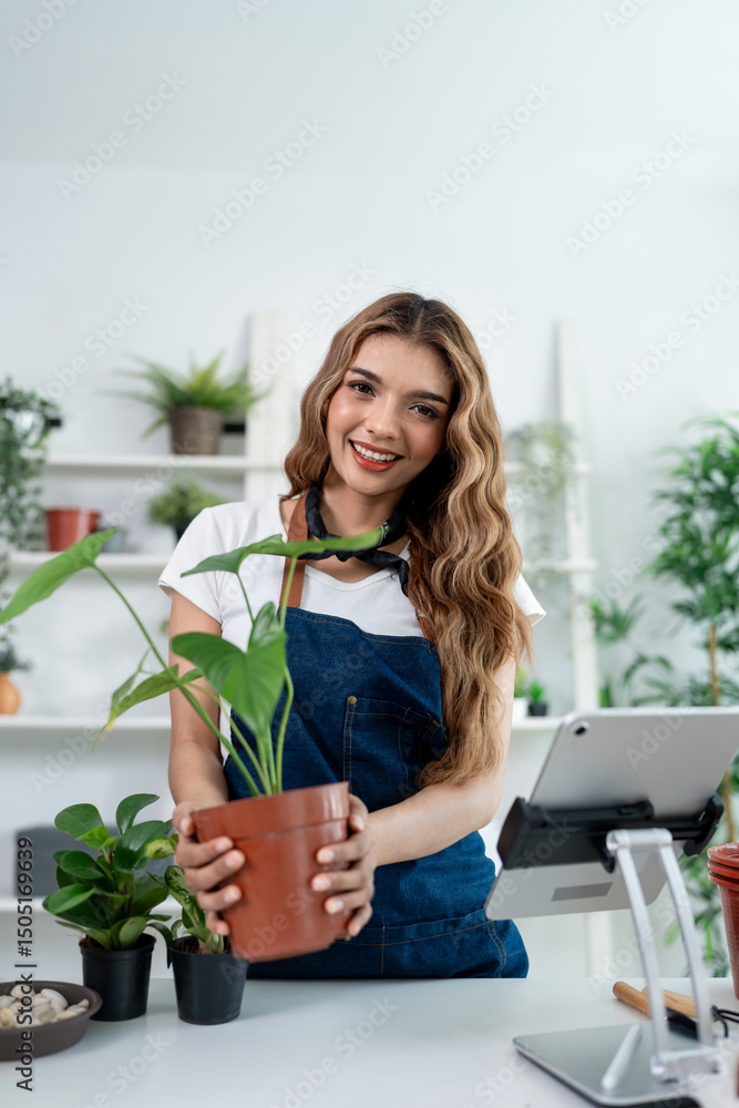Portrait of Asian woman working and caring for plants in a tree shop. Portrait of Asian woman working and caring for plants in a tree shop.