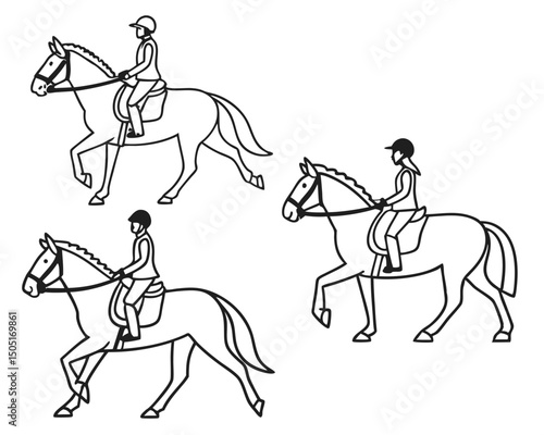 Horseback riding equestrian sport dressage outline drawing of horses and riders in motion for graphic design use