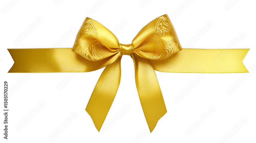 A close-up view of a golden ribbon tied in a decorative bow, isolated on white. A close-up view of a golden ribbon tied in a decorative bow, isolated on white.
