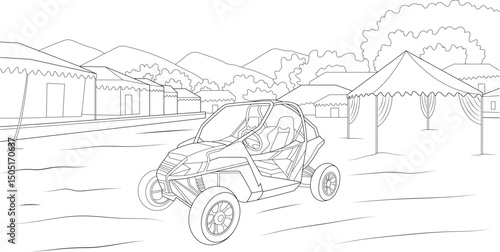 Line Art Dune Buggy at Desert Camp in Dubai, Black and white line art illustration of a dune buggy parked at a desert camp with tents and mountains in the background, reflecting the popular tourist 