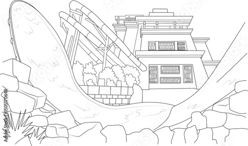 Aquaventure Water Park Dubai Line Art Illustration, Black and white line art illustration of Aquaventure water park in Dubai. Features include a large water slide tower, a curved slide, rocks, and 