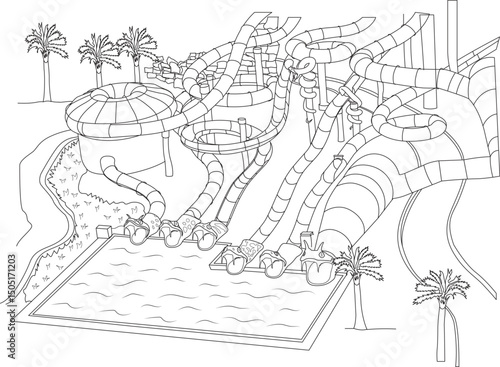 Line Art Drawing of Water Slides at Yas Island Water Park, Black and white line art illustration depicting a complex water slide structure descending into a swimming pool, surrounded by palm trees 