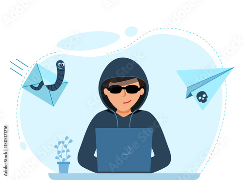 The concept of an infected letter, a virus. Hacker is sitting at computer, cracking the username and password. Phishing scam, hacker attack and online scam and steal.