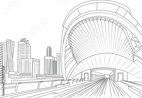 Dubai Marina Metro Station - Line Art Illustration, Detailed black and white line art illustration of a modern metro station and railway tracks in Dubai Marina, United Arab Emirates, with 