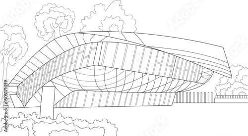 Etihad Museum Dubai Line Art, Simple line art illustration of the modern Etihad Museum in Dubai, United Arab Emirates. This architectural landmark showcases the history of the UAE's formation with a 