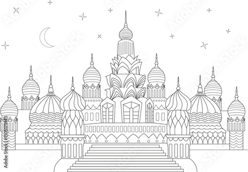 Stylized Global Village Building Line Art, Black and white line drawing illustration of a fantasy-style building complex with multiple domes, spires, and intricate details. Features a crescent moon 