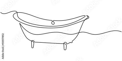 Continuous one line drawing of bathtub design. Continuous Line Drawing of Baby Bath Icon. Bathtub in continuous line art drawing style. Simple bath in single line draw illustration. Editable stroke.