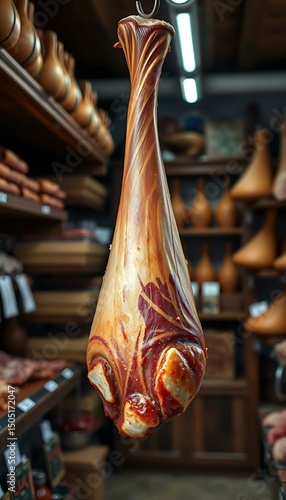 Cured ham leg hanging in rustic European deli shop photo