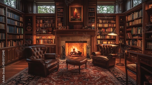 Wallpaper Mural Cozy Library Room with Fireplace and Armchairs Torontodigital.ca