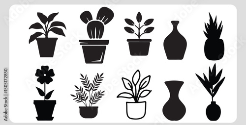 Black silhouettes of houseplants in pots and vases