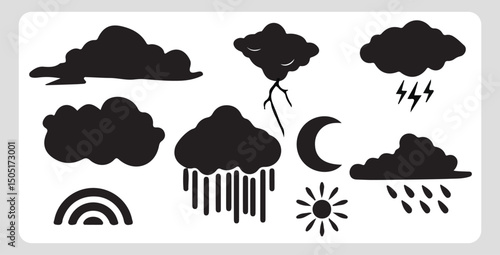 Weather Icons Collection Sun, Moon, Clouds, Rain, Rainbow & Lightning Symbols