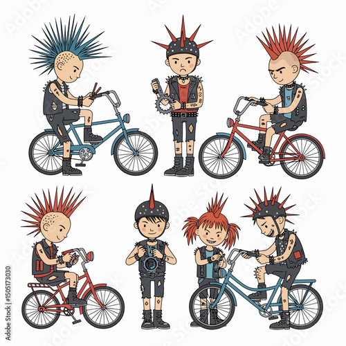 Punk kids with bikes funny characters