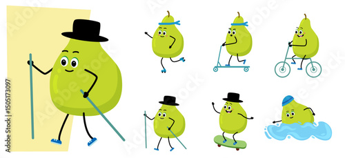 Cute pear character. sport - cycling, nordic walking, scooter, skateboard, swimming, concept of a healthy lifestyle and sports. Vector illustration in flat style.