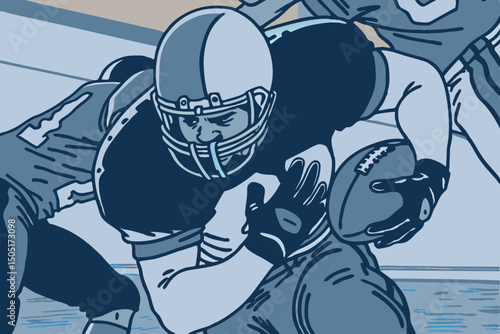 A dynamic illustration captures the intensity of a football player running with the ball, evincing speed and power of sports in vibrant blue tones. generative AI