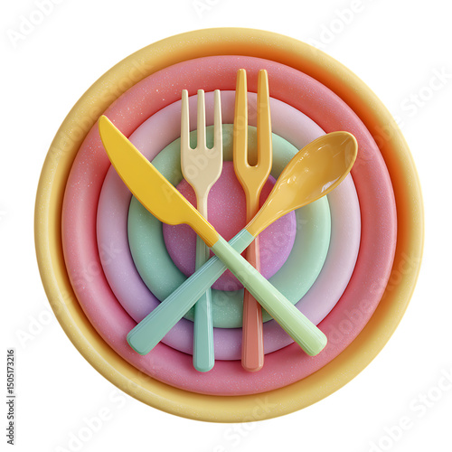 3D icon of a fork and knife crossed over a dinner plate