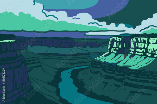 An illustration of grand canyon landscape captures the majestic expanse of the canyon. With layers of rock formations and a winding river that flows gracefully through the canyon. generative AI
