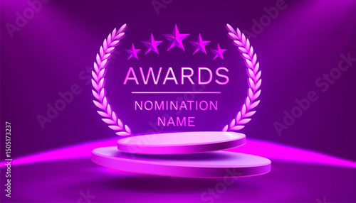 Awards nomination name podium, neon prize event, scene star ceremony. Vector illustration