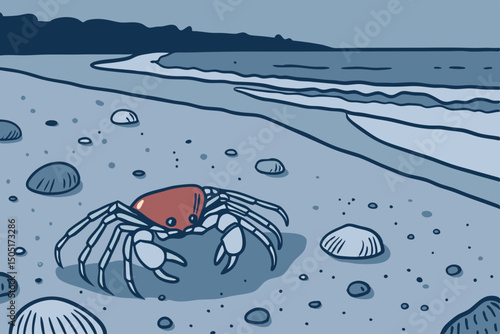 An illustration captures a crab on a sandy shore. The cool blue tones evoke a serene and calm ambiance, hinting at the vastness of the ocean. generative AI