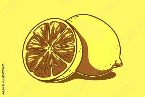 A zesty still life of fresh, yellow lemons, one sliced to reveal its juicy, citrusy interior. a vibrant, graphic composition against a bright yellow background. generative AI