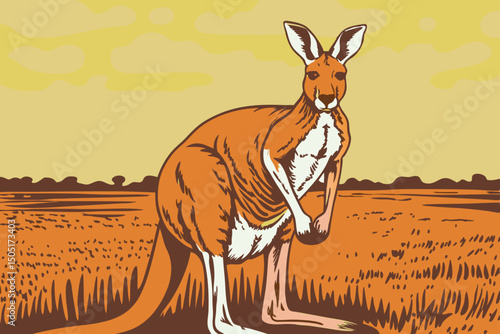 A kangaroo illustration stands proudly, bathed in a vintage color scheme, against a stylized outback background. generative AI